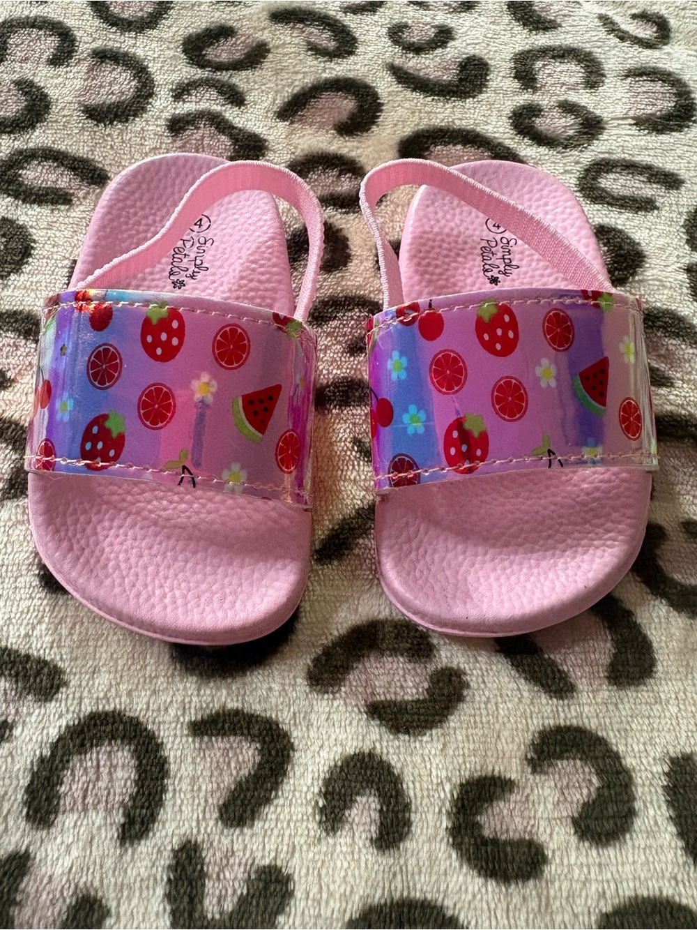 Pink Kids Slide Sandals with Strawberry & Watermelon Print